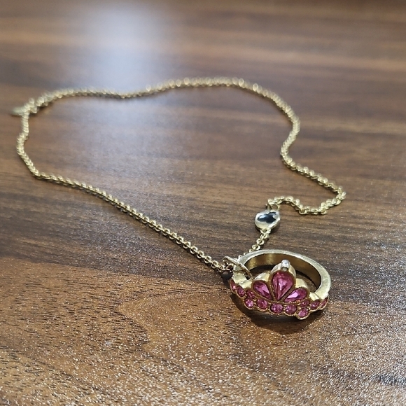 None Jewelry - Gold and Pink Crown Pendant Necklace